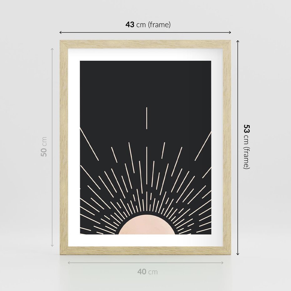Plakat w ramie 40x50 - Słoneczny Portret Duszy - boho czarne słońce, nowoczesna grafika - rama drewno
