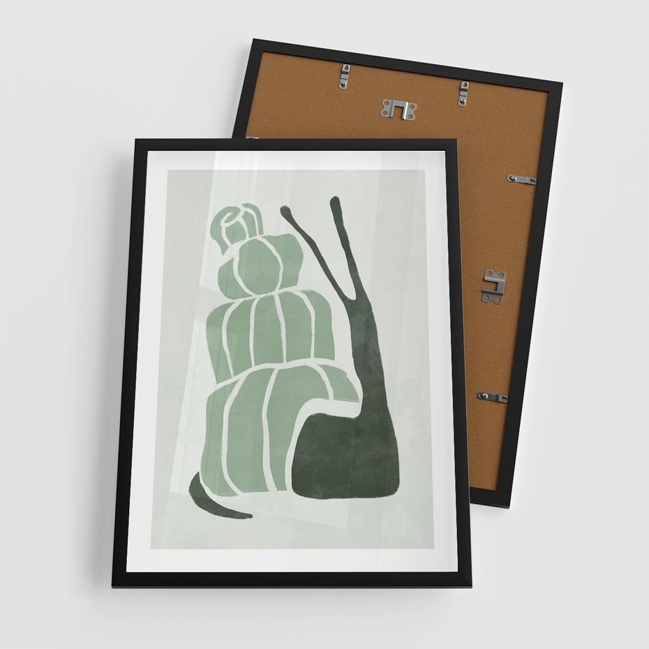 Plakat w ramie 50x70 - Zielona Równowaga - abstrakcyjny zielony ślimak, skandynawski design - rama czarna