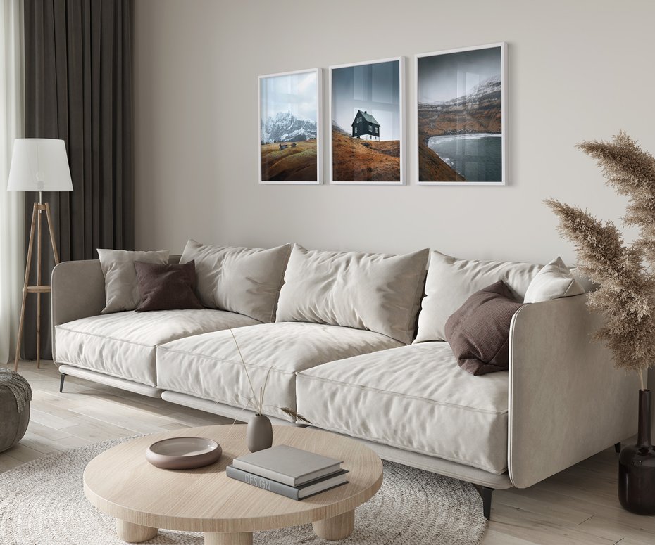 Zestaw obrazy w ramie 50x70 galeria - Skandynawski, domki, góry, widok - rama biała