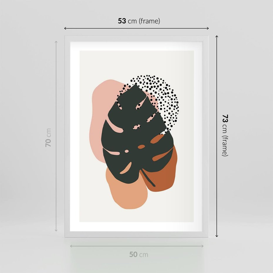 Plakat w ramie 50x70 - Minimalizm w Liściach Monstery: Plamy i Kropki - minimalizm, monstera plamy - rama biała