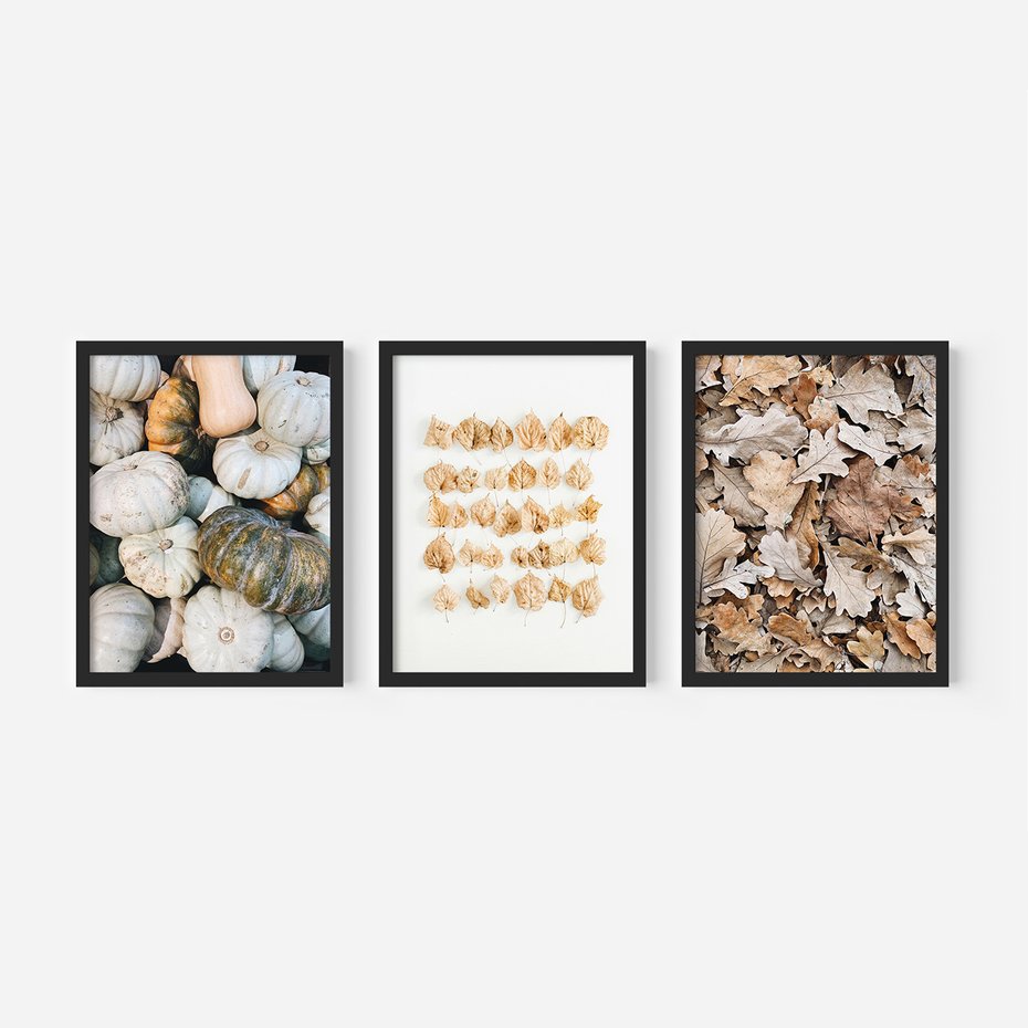 Zestaw obrazy w ramie 50x70 galeria - Jesień, liście, dynie, boho - rama czarna