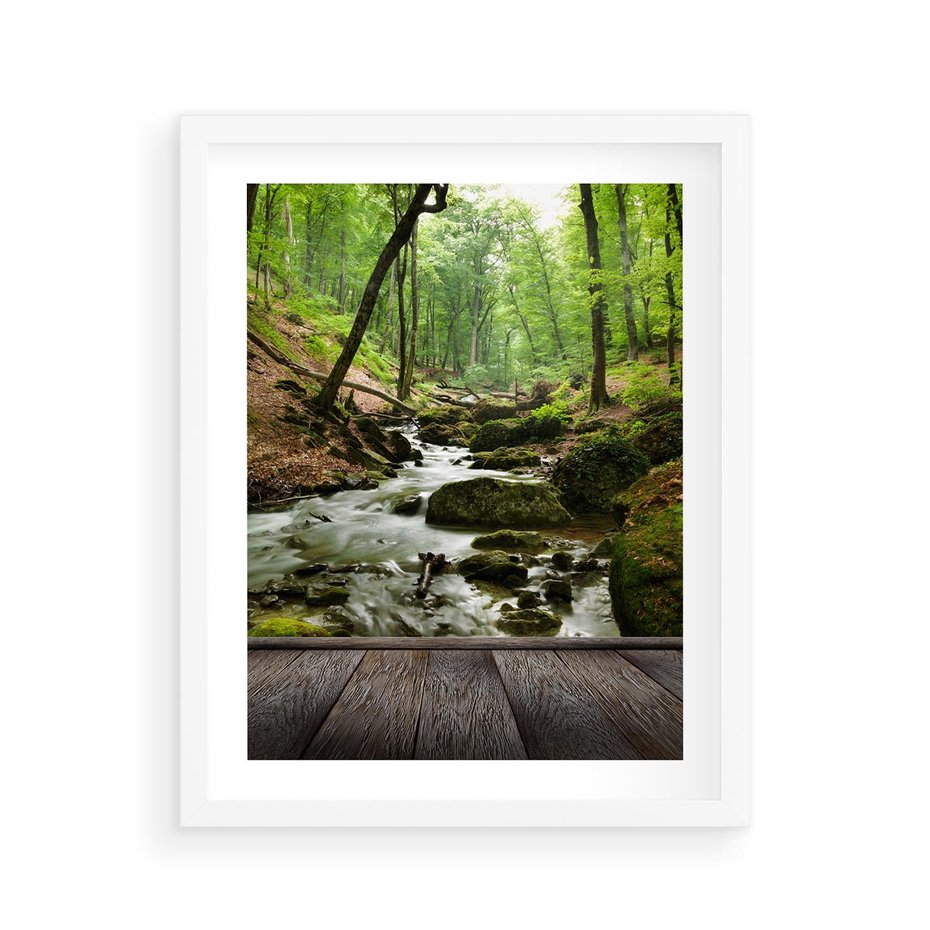 Plakat w ramie 40x50 - Strumyk w lesie - strumyk, w lesie - rama biała