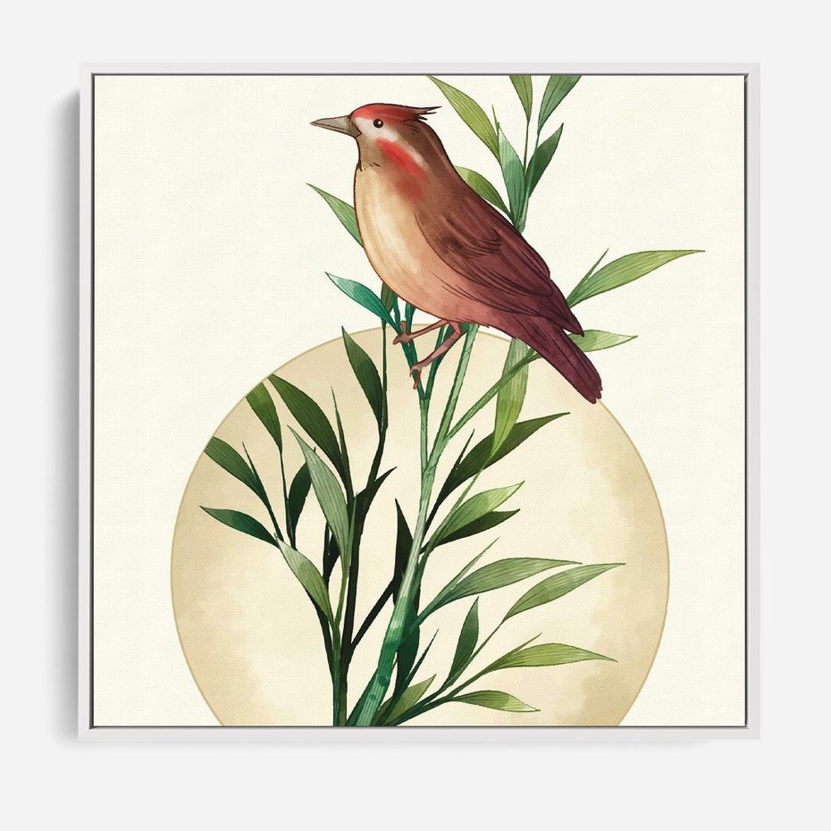 Obraz w ramie 80x80 - Rozkwitająca Delikatność - japońska sztuka, ptak - rama biała