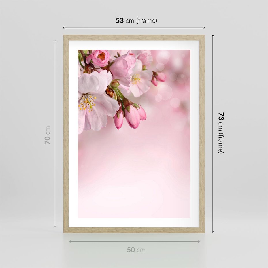 Plakat w ramie 50x70 - Kwitnąca wiśnia: delikatność natury - kwitnąca, wiśnia - rama drewno