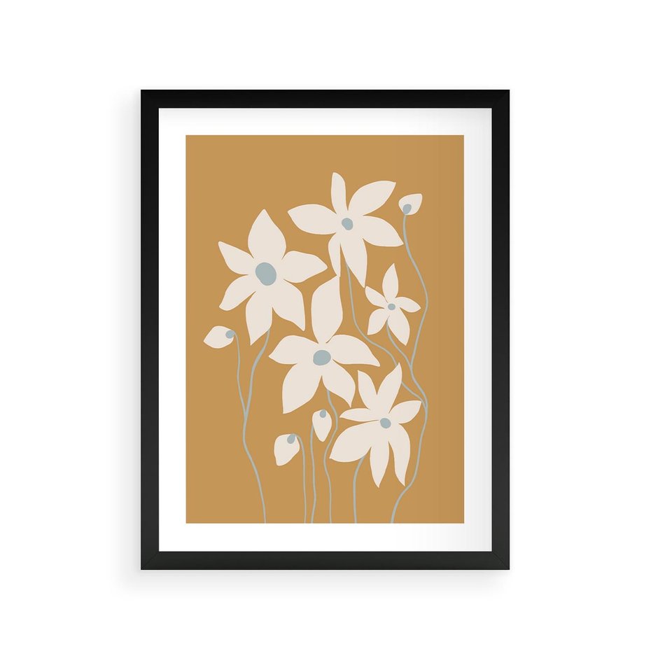 Plakat w ramie 30x40 - Kwiatowy Spektakl - minimalistyczne kwiaty, na pomarańczowym tle - rama czarna