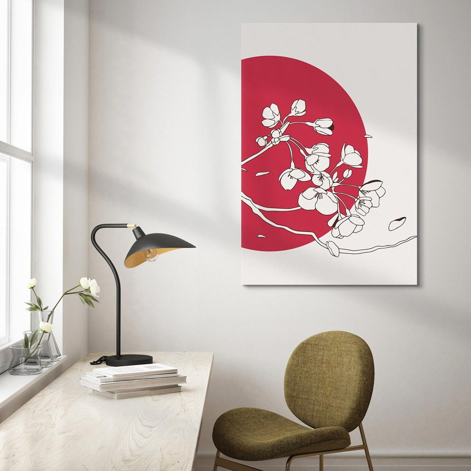 Obraz na płótnie 50x70 - Esencja Zen - kwiatnąca wiśnia, orientalna grafika