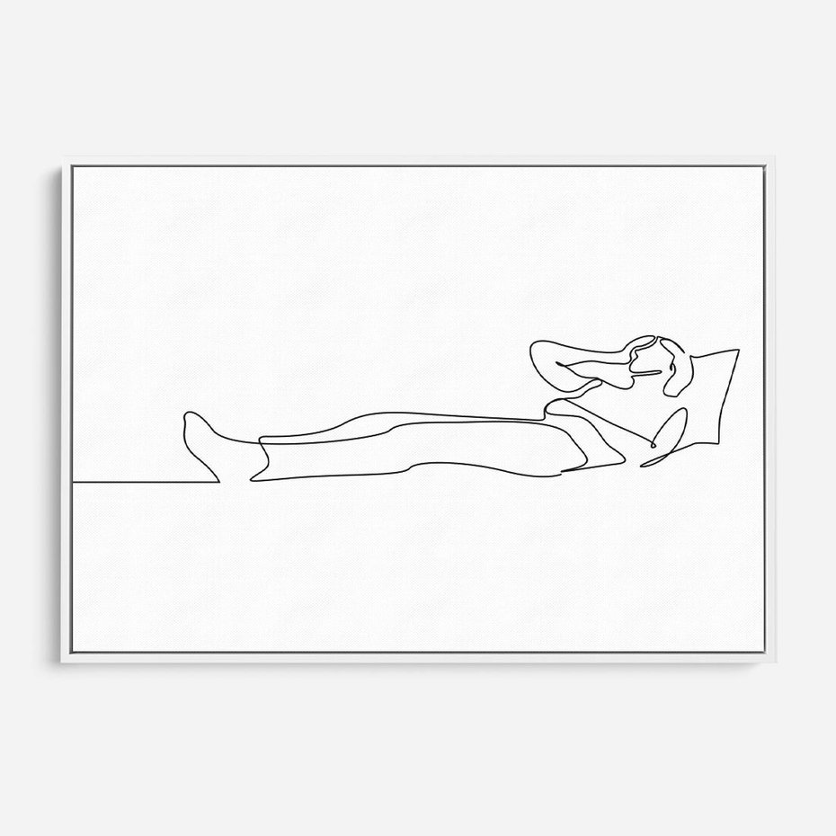 Obraz w ramie 100x70 - Postać na Łóżku - one line art, szkic - rama biała