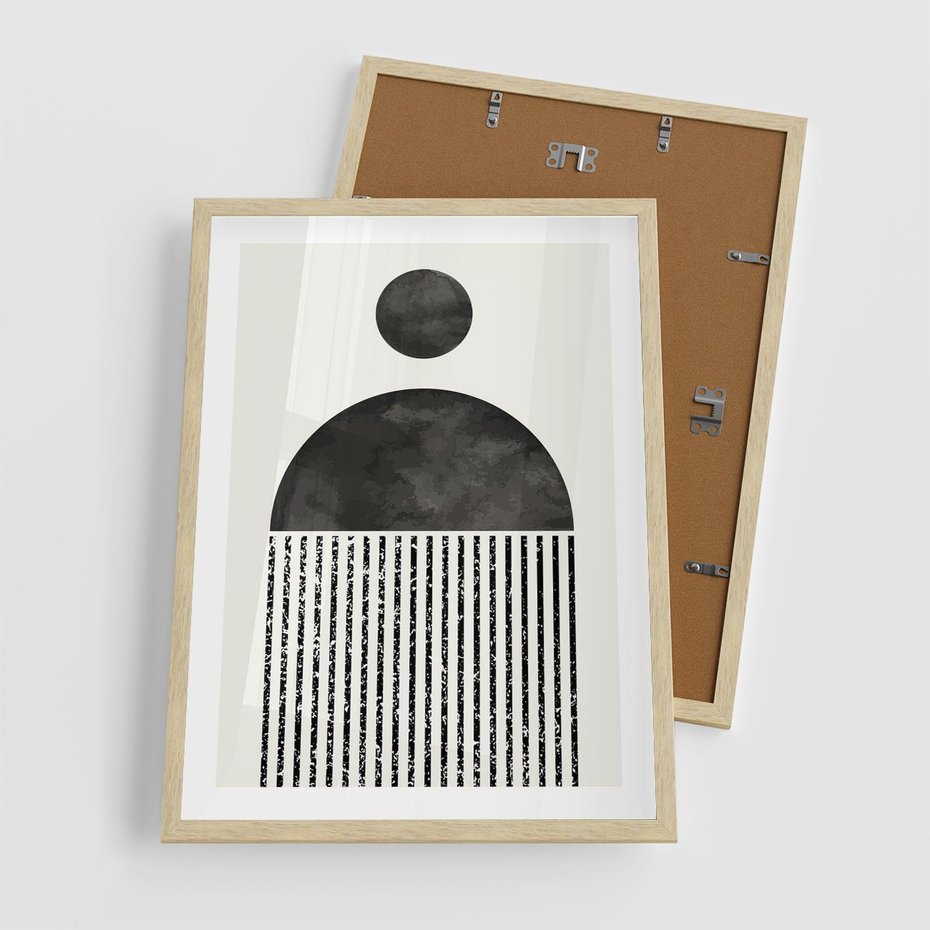 Plakat w ramie 50x70 - Księga Wibracji - abstrakcyjne czarno białe formy, minmalizm - rama drewno