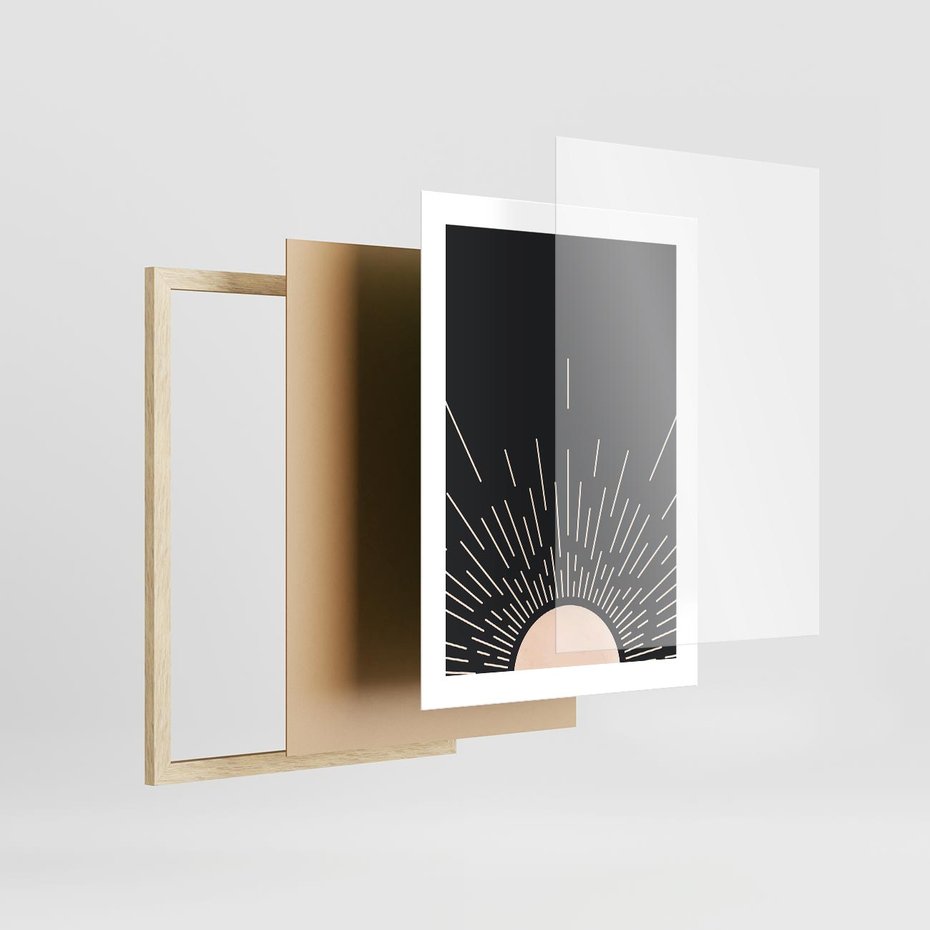 Plakat w ramie 30x40 - Słoneczny Portret Duszy - boho czarne słońce, nowoczesna grafika - rama drewno