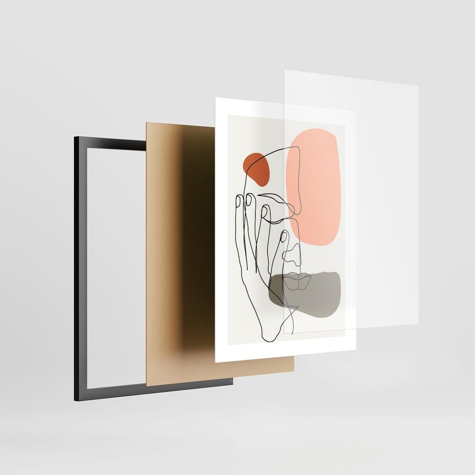 Plakat w ramie 30x40 - Ekspresja Kolorów: Szkic - one line szkic twarzy, kolorowe plamy - rama czarna