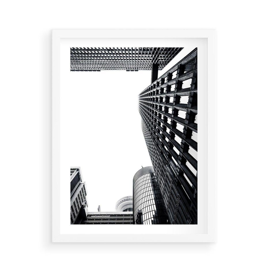 Plakat w ramie 50x70 - Monochromatyczna Sceneria Wieżowców - architektura, wieżowce - rama biała