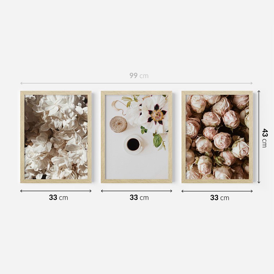 Zestaw obrazy w ramie 30x40 galeria - Kwiaty, róże, kawa - rama drewno
