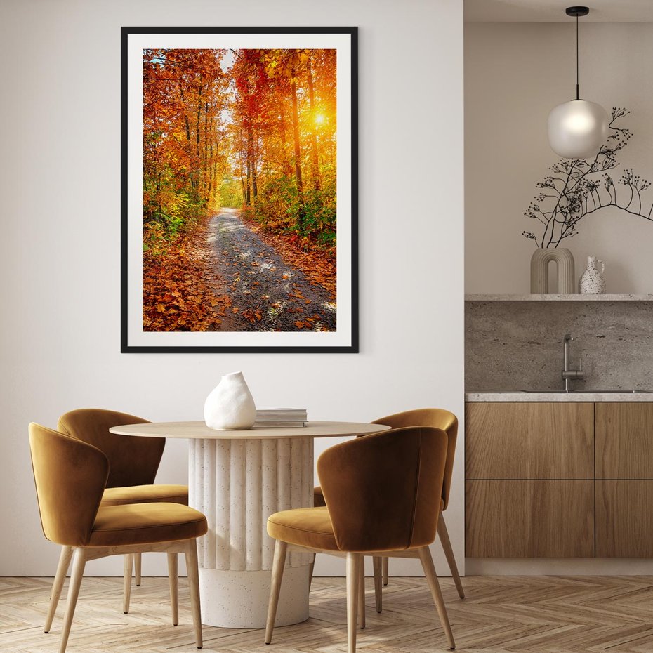 Plakat w ramie 50x70 - Kolorowe drzewa na ścieżce jesieni - las, jesień - rama czarna