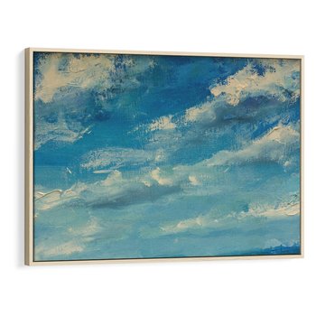 Obraz w ramie 70x50 - Oddechy niebiańskiej materii - olejny obraz, smugi farby przypominają obłoki na błękitnym niebie - rama drewno