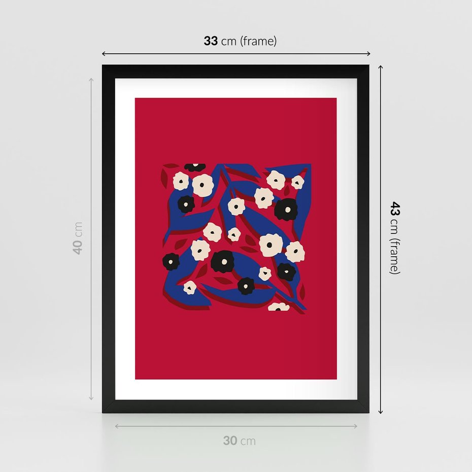 Plakat w ramie 30x40 - Kolorowe Przenikanie - abstrakcyjna kwiatowa kompozycja, czerwone mocne tło - rama czarna