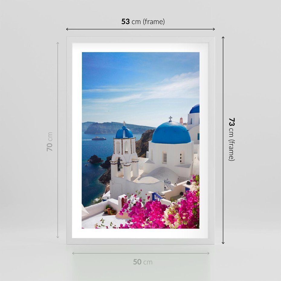 Plakat w ramie 50x70 - Perspektywa na Santorini - Santorini, perspektywa - rama biała