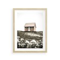 Plakat w ramie 30x40 - Krajobraz z Przeszłości: Kwitnąca Łąka w Sepii - domek na wzgórzu, kwitnąca łąka - rama drewno