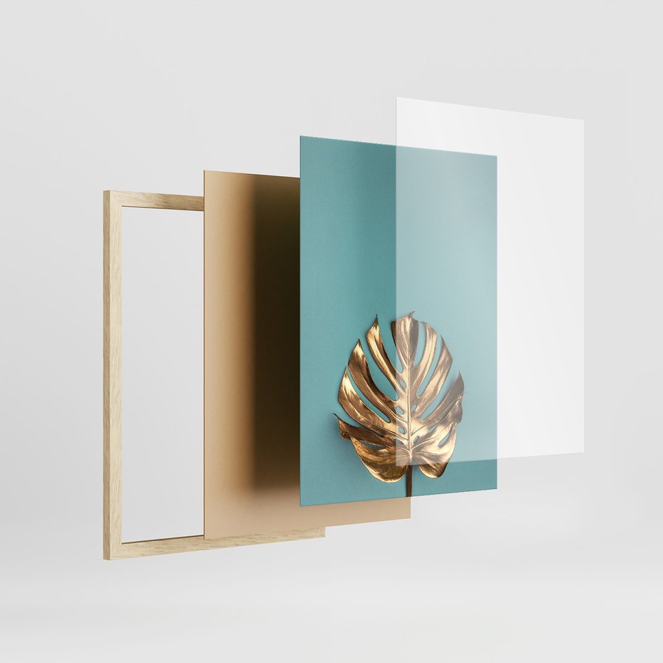 Zestaw obrazy w ramie 30x40 galeria - Złota, monstera, pastele - rama drewno