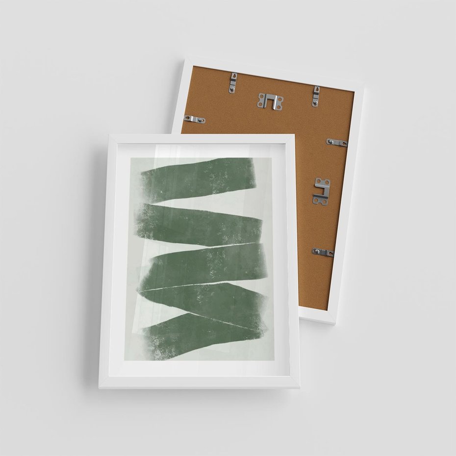 Plakat w ramie 30x40 - Zielone Refleksje - abstrakcja, zgaszony zielony kolor - rama biała