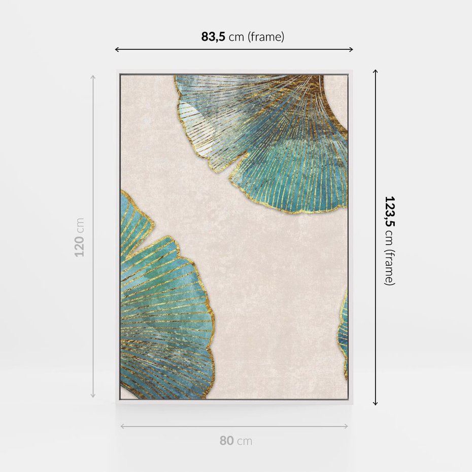 Obraz w ramie 80x120 - Złota Melodia Liści - złote, turkusowe liście miłorzębu - rama biała