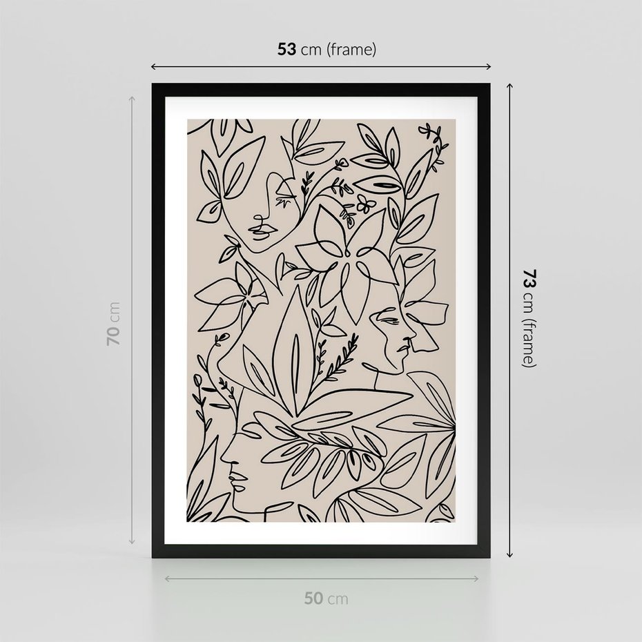 Plakat w ramie 50x70 - Kobiecy Portret Duszy - beżowe tło, czarny szkic nowoczesnych kwiatów - rama czarna