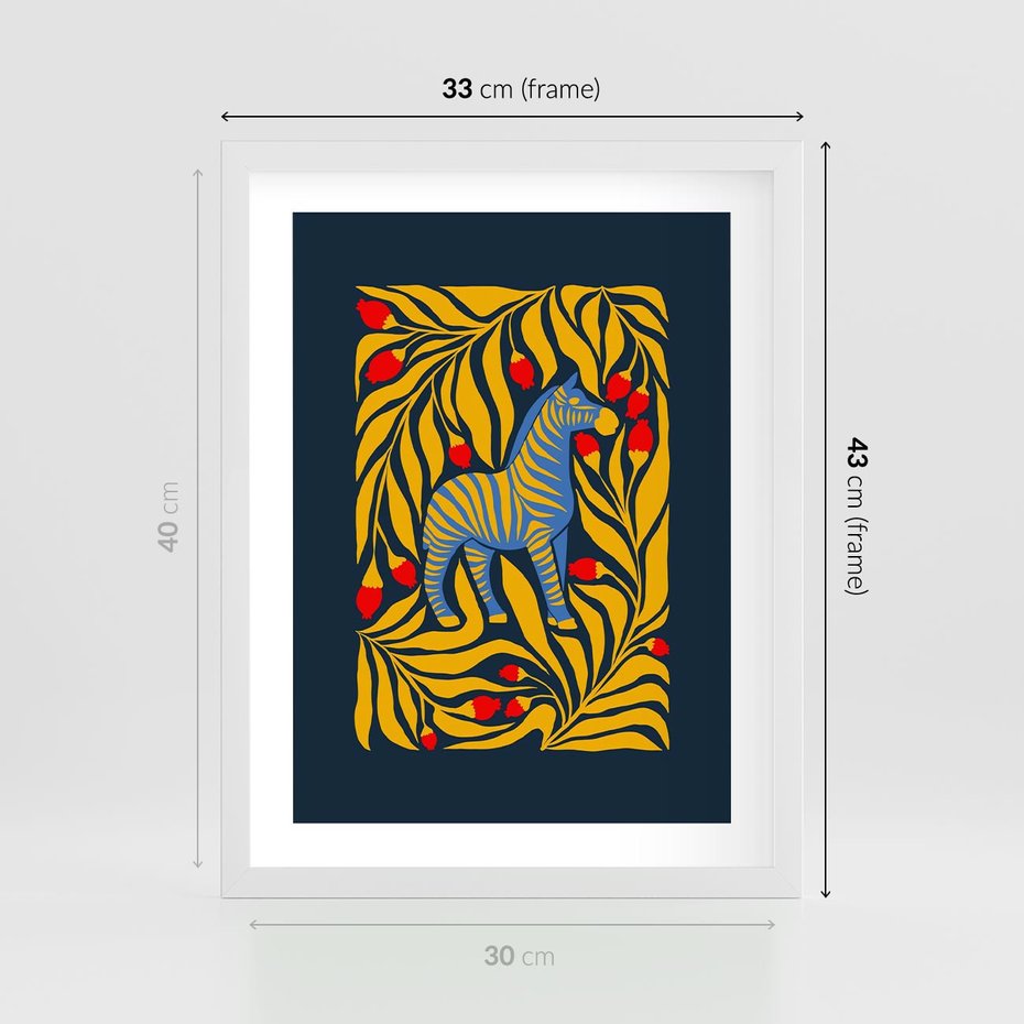 Plakat w ramie 30x40 - Wibracje Wyobraźni - zebra, granatowe tłó - rama biała