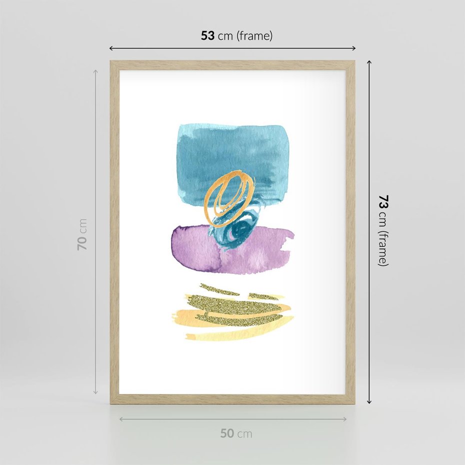 Plakat w ramie 50x70 - Taniec Akwarelowych Kresek - akwarelowe plamy w odcieniach błękitu, złote kreski - rama drewno