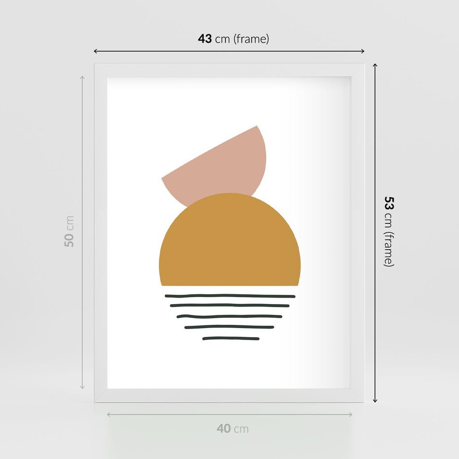 Plakat w ramie 40x50 - Kolory Przyszłości - kompozycja kół i kresek, ciepłe kolory - rama biała