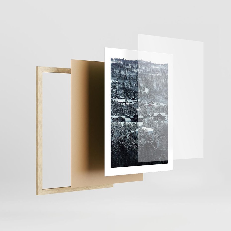 Plakat w ramie 30x40 - Domki w Chmurach - górski zimowy krajobraz, dommki na wzgórzach - rama drewno