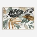 Obraz w ramie 120x80 - Współbrzmienie wewnętrznego ja - kompozycja z tropikalnych liści, stonowane kolory - rama drewno