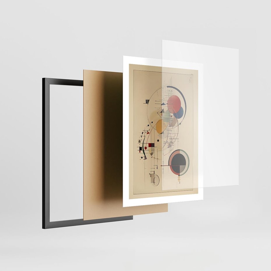 Plakat w ramie 50x70 - Impulsy Wydobyte z Cienia - abstrakcyjna geometryczna kompozycja, koła linie - rama czarna