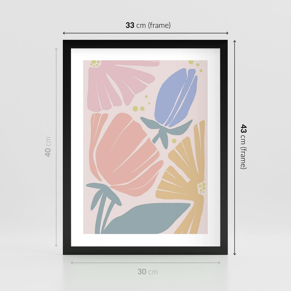 Plakat w ramie 30x40 - Rozkwitające Harmonie Natury - pastelowe kwiaty, na beżowym tle - rama czarna