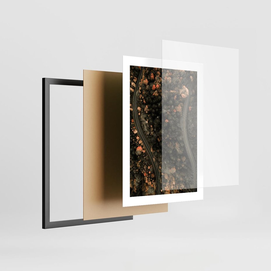 Plakat w ramie 30x40 - Las i Droga w Kolorach Jesieni - droga, ujęcie z góry - rama czarna