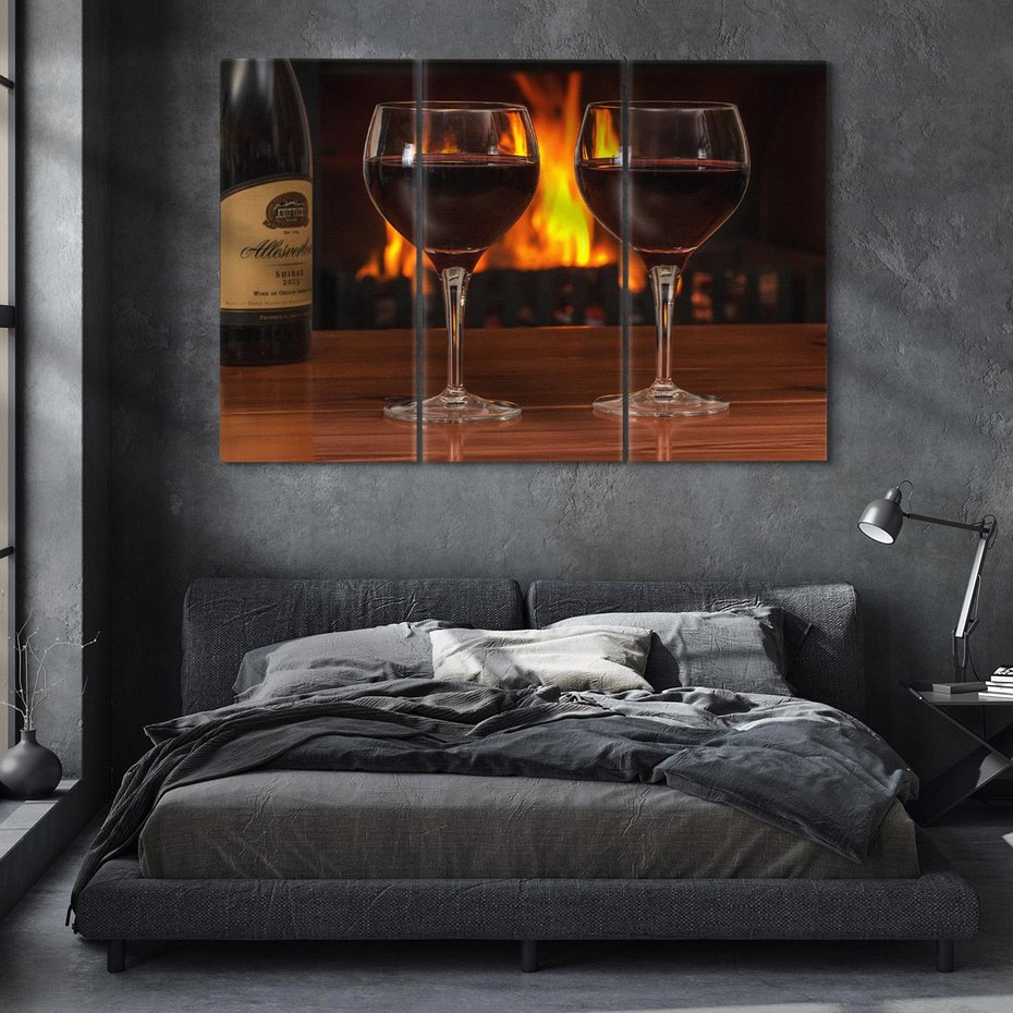 Obraz na płótnie 120x80 - Wino, Kieliszki, Kominek - Wieczór Pełen Relaksu - wino, kieliszki