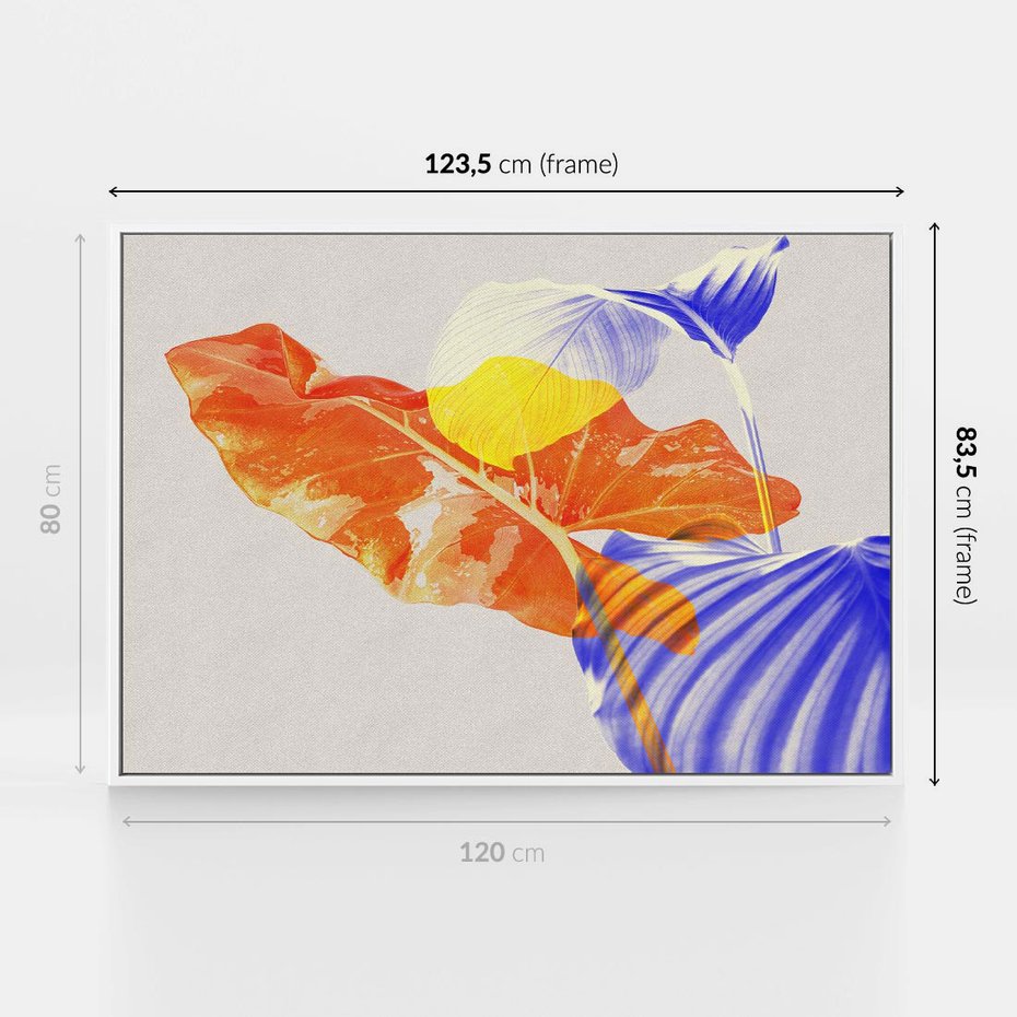 Obraz w ramie 120x80 - Energetyczne Indygo - retro, tropikalne liście - rama biała