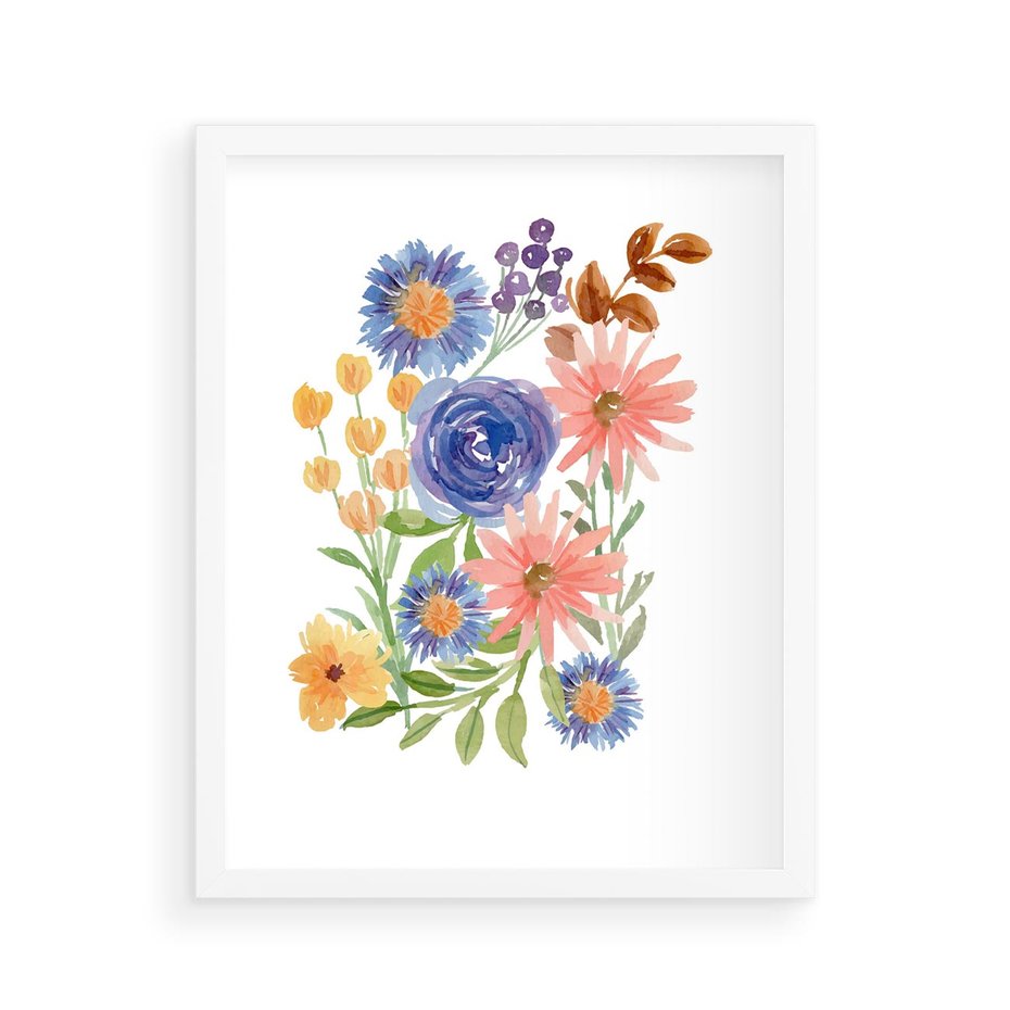 Plakat w ramie 40x50 - Migocące Widoki Kwiatów - akwarelowe polne kwiaty, minimalistyczny plakat - rama biała
