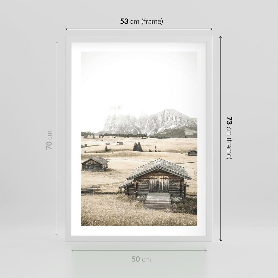 Plakat w ramie 50x70 - Chatka w Górskiej Sepii - domek w górach, chatka - rama biała