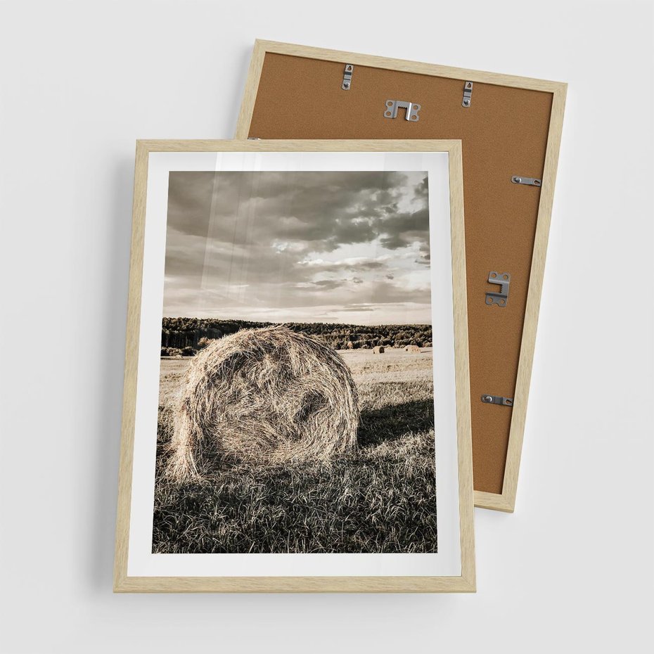 Plakat w ramie 50x70 - Ciepło Natury - snopki siana, pole - rama drewno