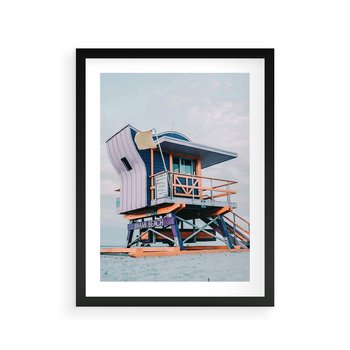 Plakat w ramie 40x50 - Plażowa Kolorystyka: Budka Ratownika w Pastelach - pastelowa budka ratownika, plaża Miami - rama czarna
