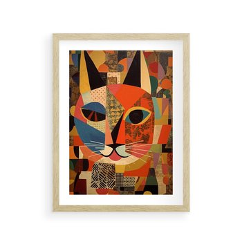 Plakat w ramie 40x50 - Impresje Nieznanych Odniesień - abstrakcyjny obraz olejny, kot - rama drewno