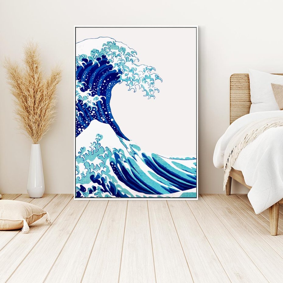 Obraz w ramie 80x120 - Fala Japandi - wielka fala w Kaganawie, obraz Hokusai - rama biała