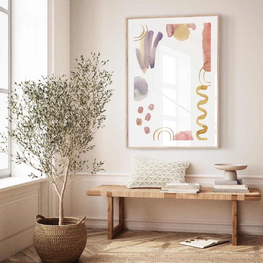 Plakat w ramie 30x40 - Wibracje Pastelowych Odcieni - abstrakcyjny plakat, akwarelowe plamy - rama drewno