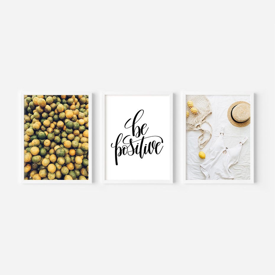 Zestaw obrazy w ramie 50x70 galeria - Cytryny, optymizm, typografia, napis - rama biała