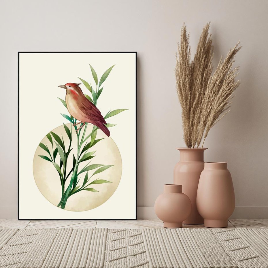 Obraz w ramie 70x100 - Rozkwitająca Delikatność - japońska sztuka, ptak - rama czarna