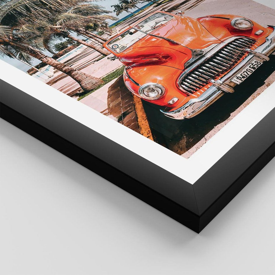 Plakat w ramie 40x50 - Retro Przejażdżka - pomarańczowy retro samochód, kabriolet - rama czarna