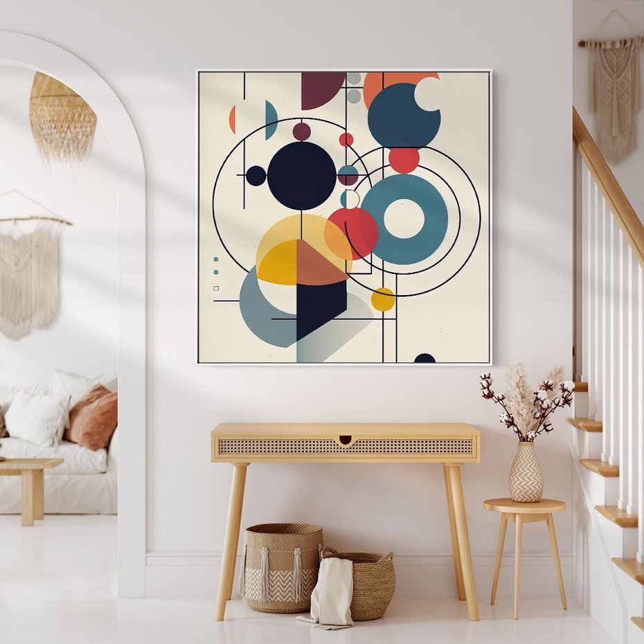 Obraz w ramie 80x80 - Rozbijające Barwne Granice - abstrakcyjna geometryczna kompozycja, koła linie - rama biała