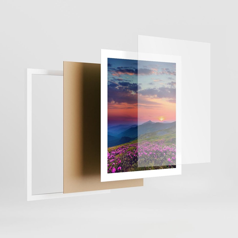 Plakat w ramie 40x50 - Górski Zachód - góry, łąka - rama biała