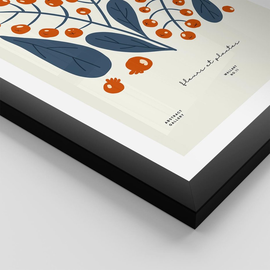 Plakat w ramie 50x70 - Minimalistyczna Uroda Jarzębin - jarzębiny, niebieskie liście - rama czarna