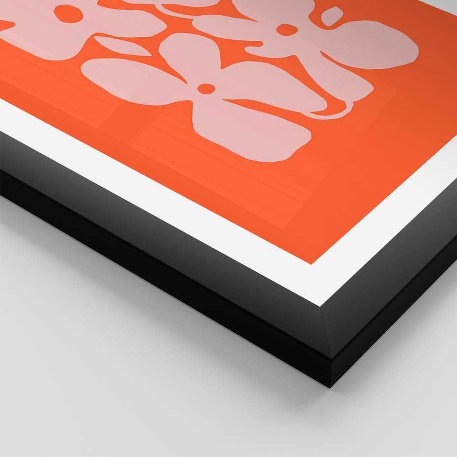 Plakat w ramie 40x50 - Taniec Abstrakcji - kwiaty, energetyczne pomarańczowe tłó - rama czarna