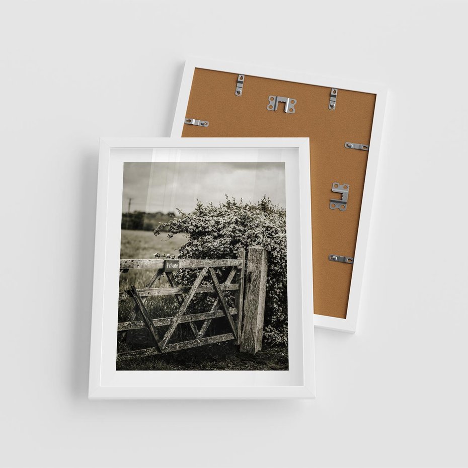 Plakat w ramie 40x50 - Wiejski Urok: Stary Płot i Kwitnący Krzew - rustykalne zdjęcie, stary płot - rama biała